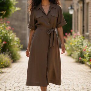 Liz Claiborne Rayon Linen Wrap Midi Dress Sz. 6-Coffee Bean Brown-90's Vintage